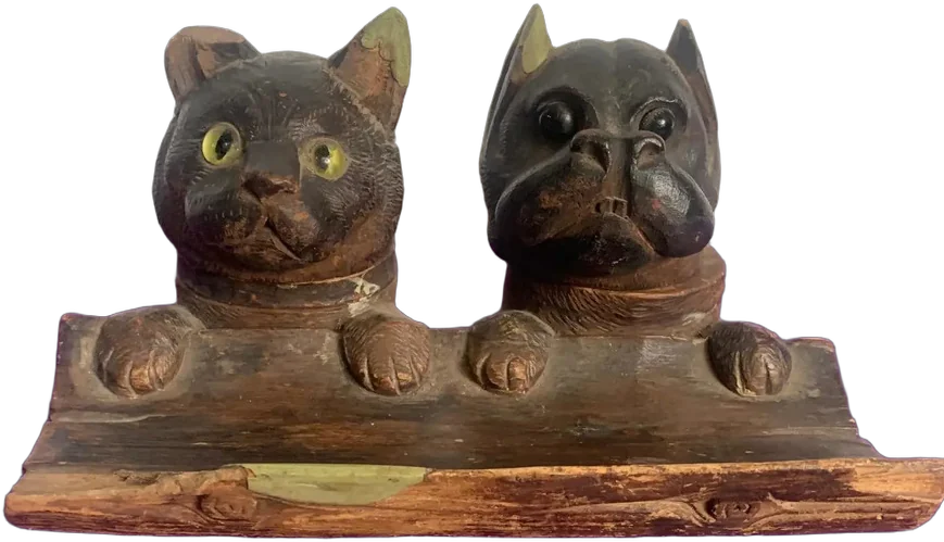 Antiguo Tintero Perro Y Gato Madera
