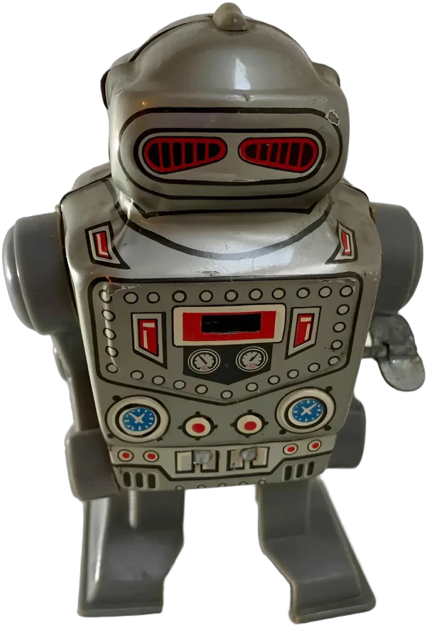 Vintage Robot Pequeño Lamina Cuerda Robot Gris