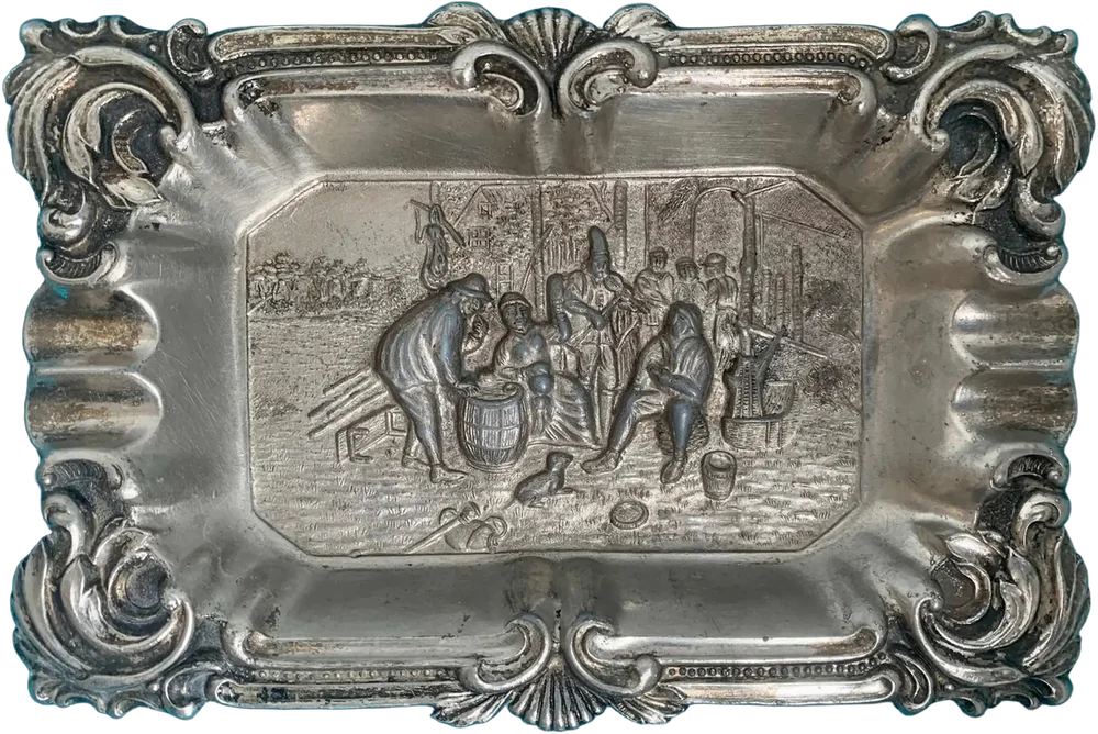 Vintage Cenicero Escena De Fiesta En Taberna Antigua Plateado Relieve