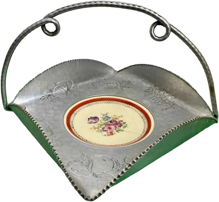 Vintage Canasta Frutero Aluminio Forjado Plateado