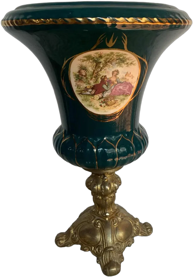 Vintage Florero Porcelana Estilo Renacentista Verde Oscuro Enamorados