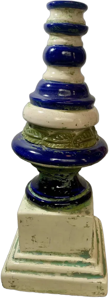 Antiguo Portavela Mayólica Tipo Pedestal Azul