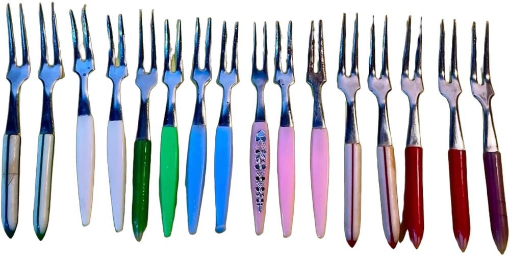 Vintage Tenedores Pinchos Botaneros Mango Baquelita Multicolores Liso