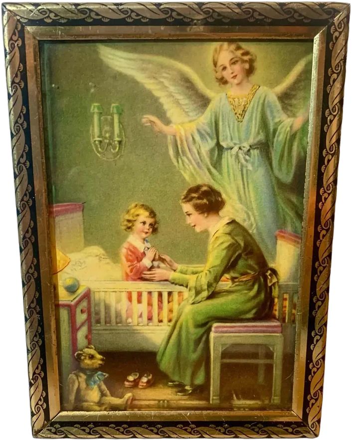 Vintage Cromo Enmarcado Ángel De La Guarda Dorado