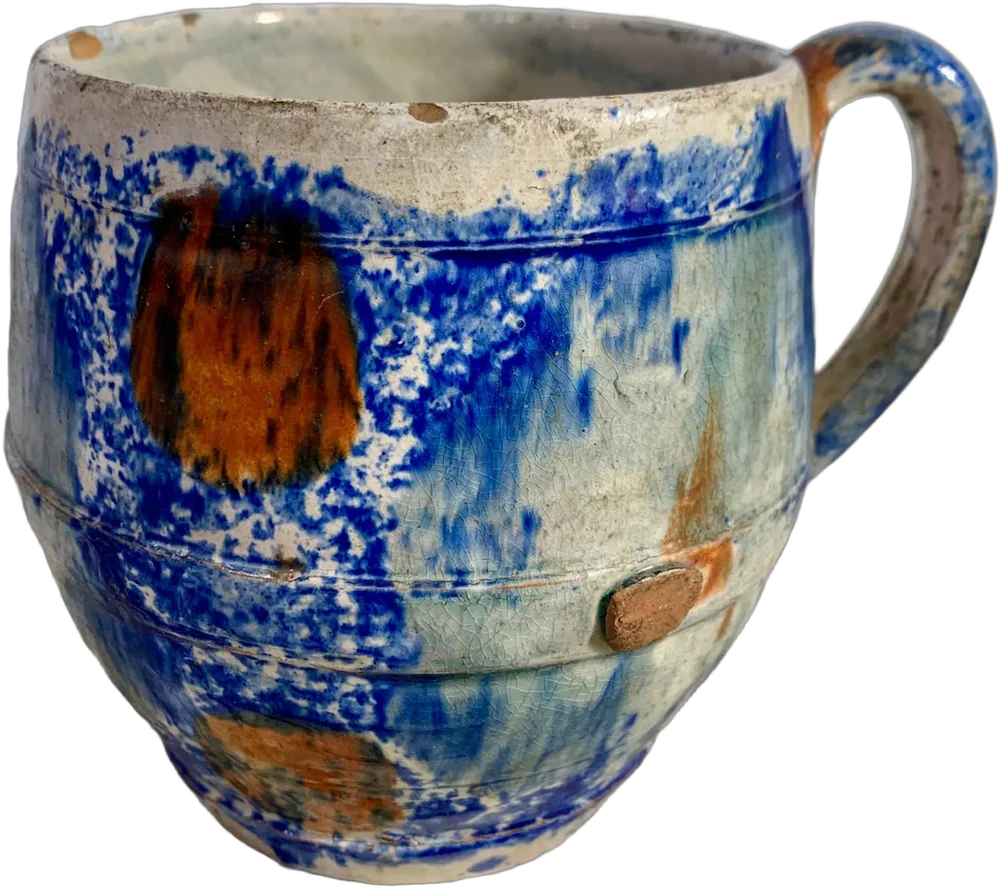 Antiguo Tarro O Taza Grande Cerámica Vidriada Azul Corazón