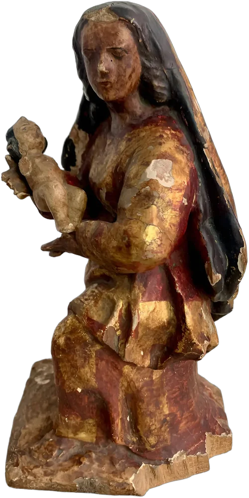 Antigua Figura Religiosa Madona Madera S.xviii Dorado Oscuro