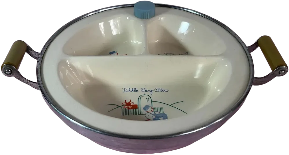 Vintage Plato Termico Para Bebé Crema Lintel Boy Blue Niño De Campo