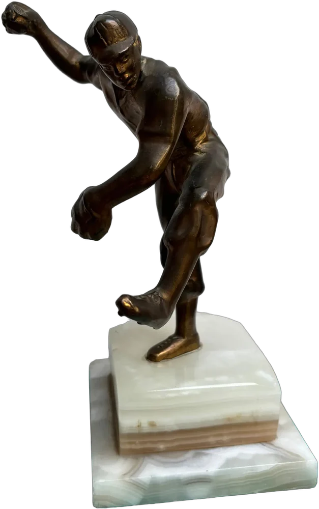 Antigua Escultura Bronce Pitcher Beisbol Dorado Oscuro