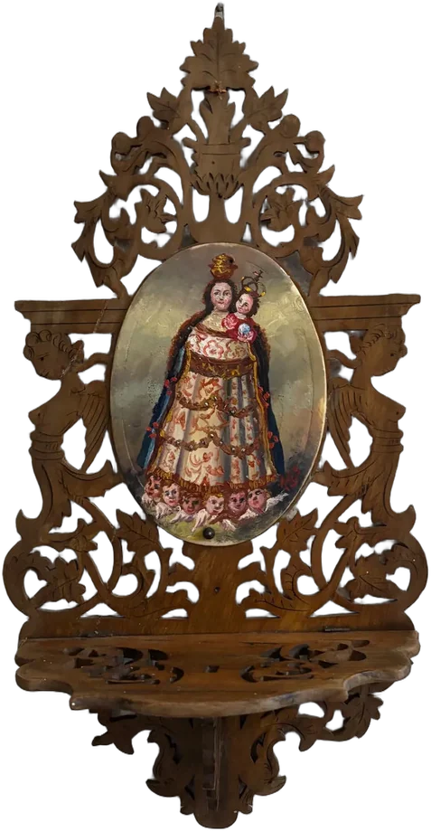 Antigua Repisa Con Motivos Religiosos Madera Hecha A Mano — imagen 1