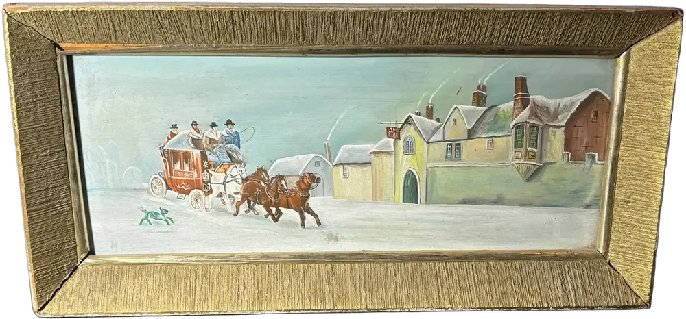 Antigua Pintura Al Óleo Escena Navideña