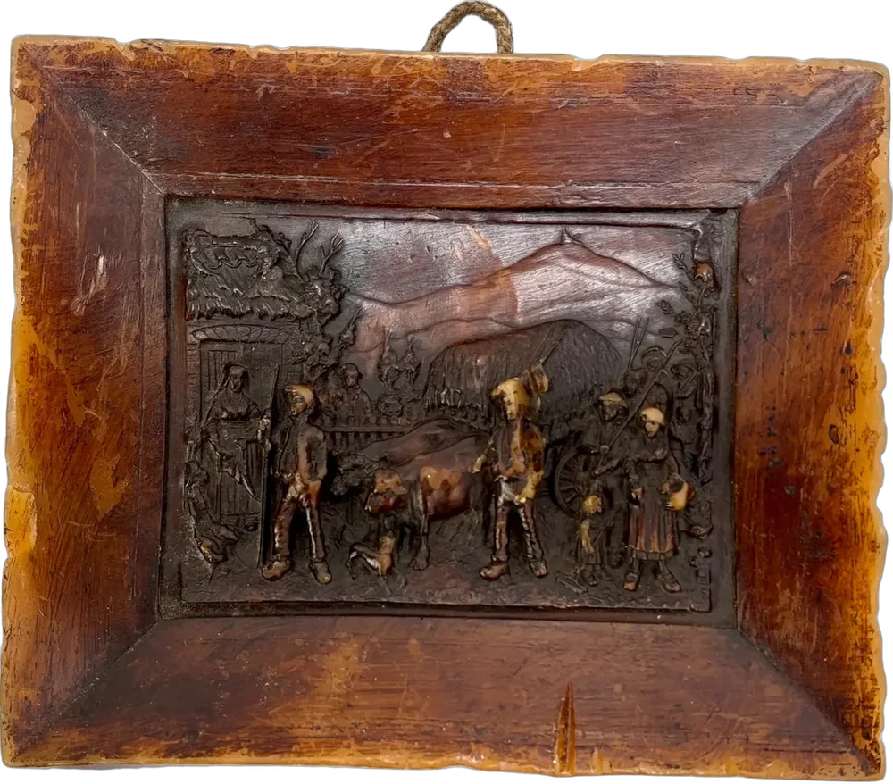 Antiguo Cuadro De Pared De Cera, Escena Rural Europea Marrón