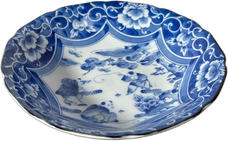 Vintage Plato Decorativo Chino Porcelana Floral Clásico Azul Japonés