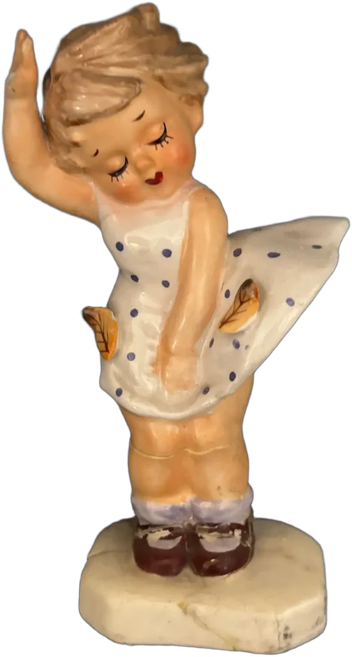 Vintage Figurita De Porcelana Niña En Pose Marilyn Blanco Con Detalles Azules Y Dorados