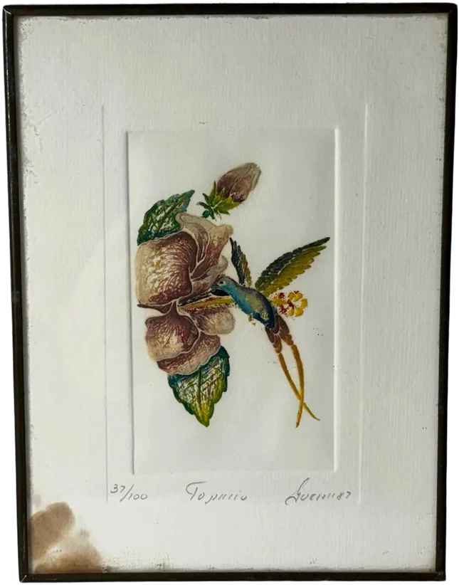Grabado Firmado Tornini 37/100 Colibrí Y Flor Enmarcado