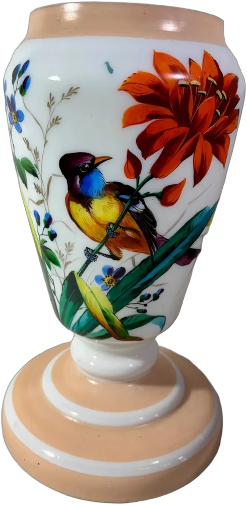 Florero Antiguo Vidrio De Leche Pintado A Mano Francés Multicolor Pájaro Y Flores