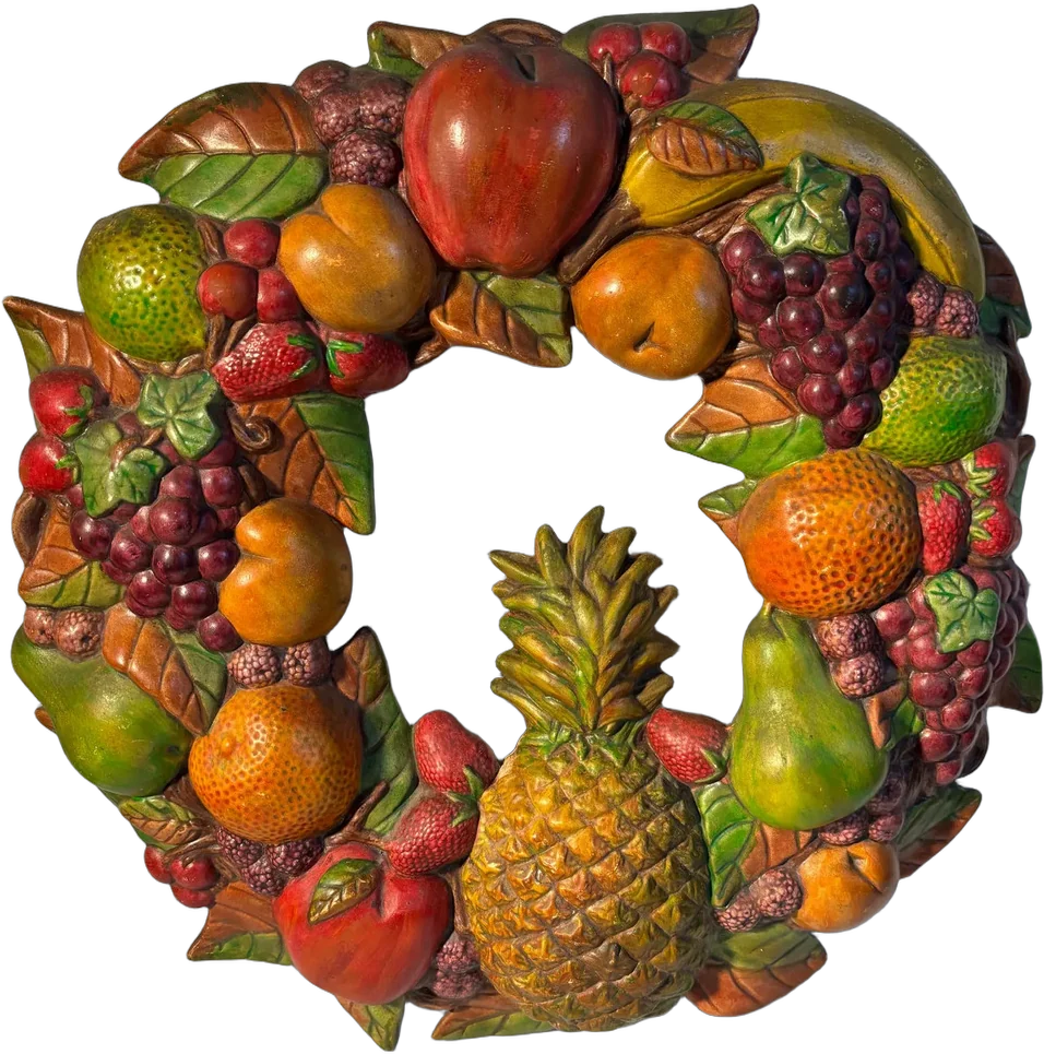Vintage Corona De Frutas. Cerámica Pintada A Mano Multicolor
