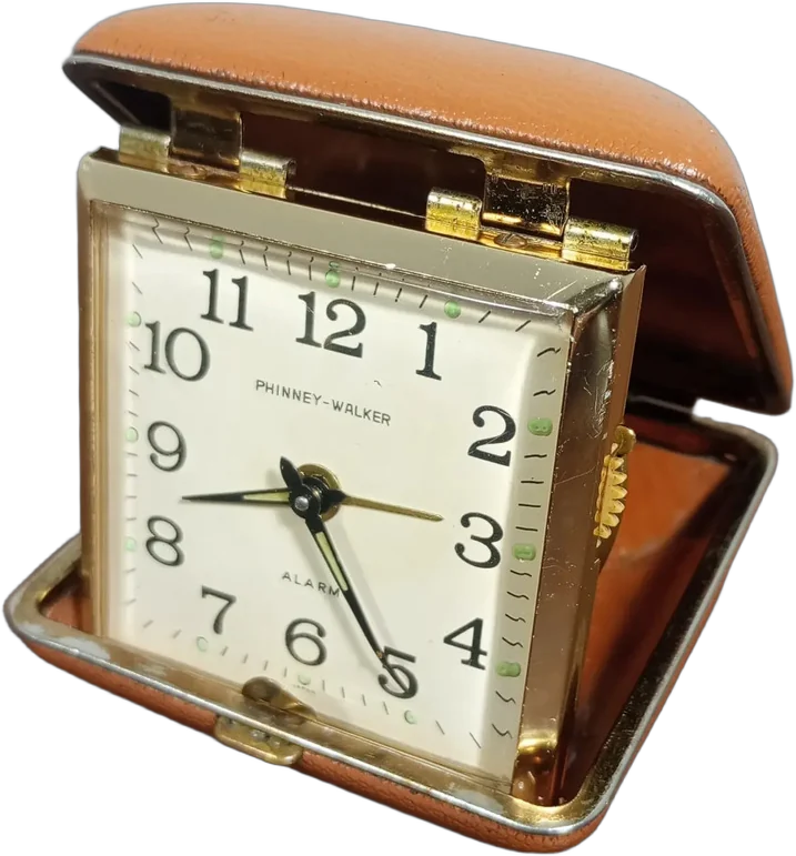 Antiguo Reloj Despertador De Viaje Phinney-walker Alemán Marrón (estuche) Y Dorado (carcasa)