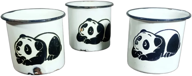 Vintage Tazas Peltre Panda Marca Tres Mexicana Blanco Panda