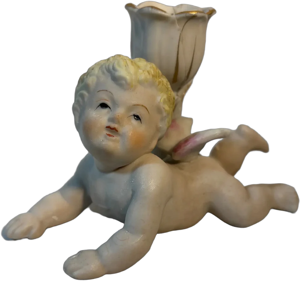 Antigua Figurita De Porcelana Querubín Porta Vela Blanco