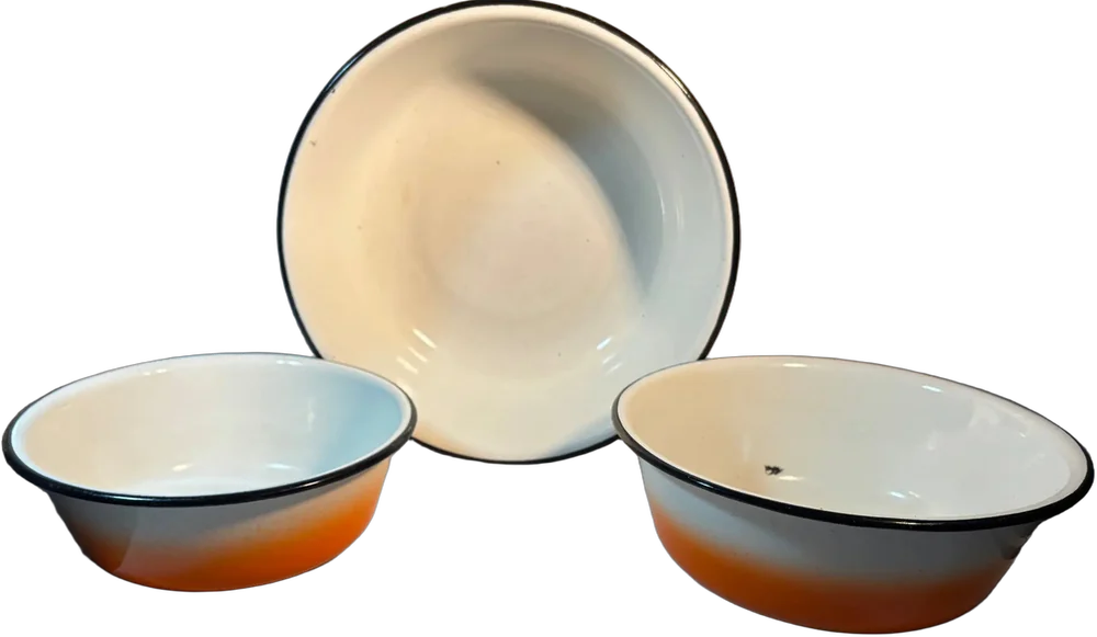 Antiguo Juego De Tazones De Cocina Peltre Naranja Y Blanco Naranja