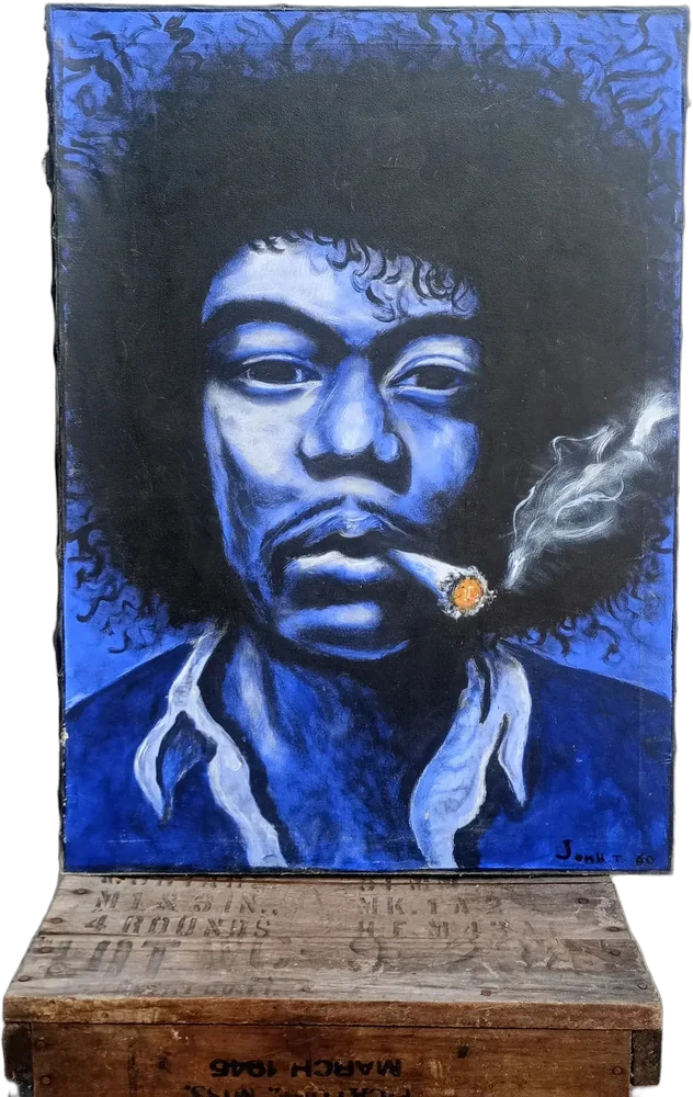 Vintage Cuadro Decorativo Óleo Jimmi Hendrix Firmado 1960 Azul