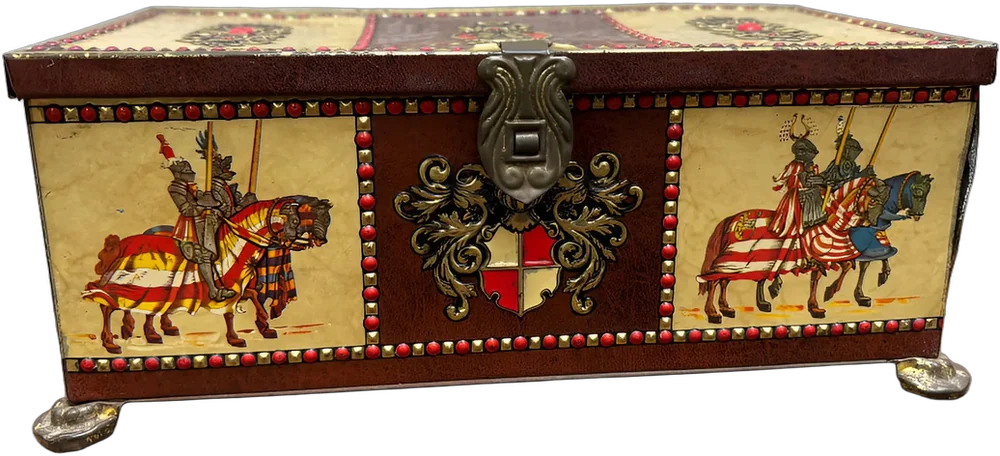 Antigua Caja De Gallegas Hojalata Litografiada Caballeros Caballeros