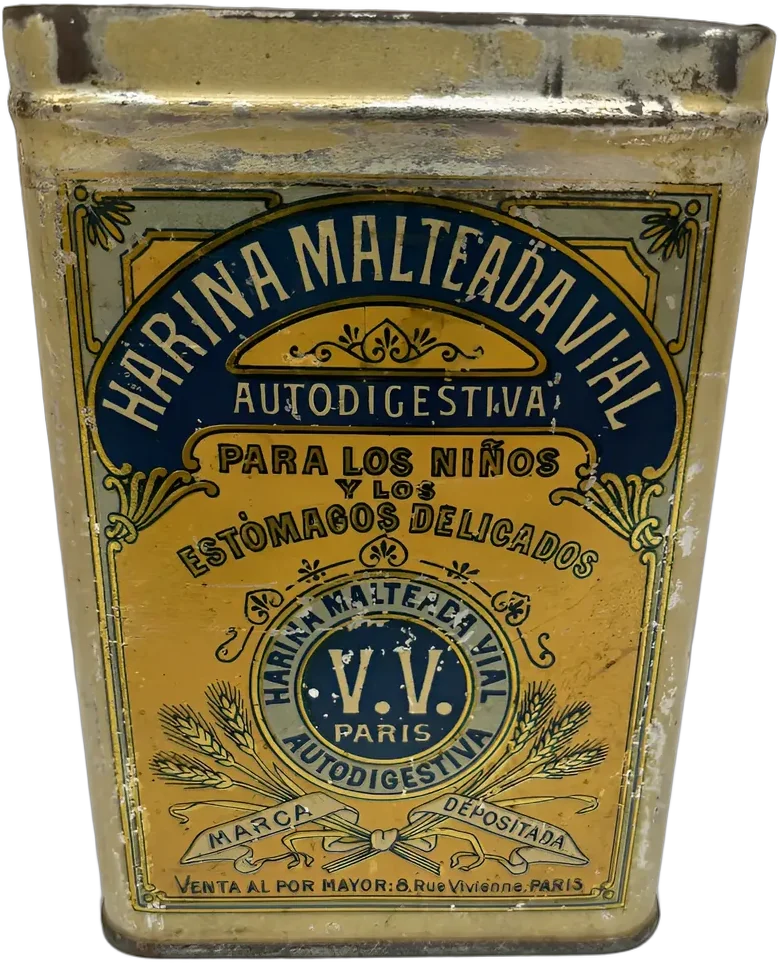 Antigua Caja Lata Harina Malteada Vial Litografiada Caja Harina
