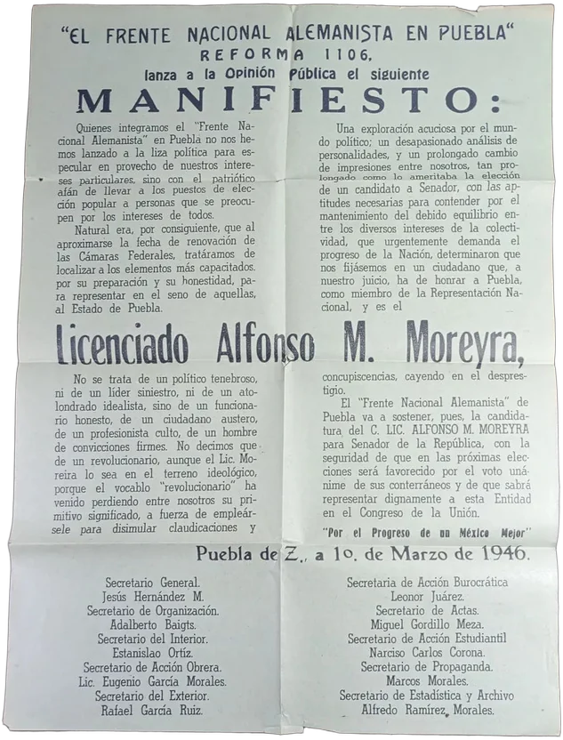 Manifiesto Frente Nacional Alemanista Histórico Original