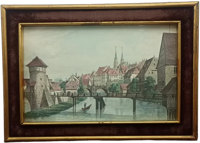 Grabado Antiguo Europeo Xix, Vista Con Puente Enmarcado