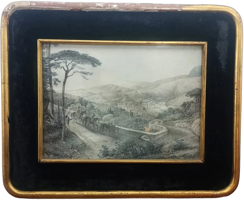Litografía Antigua Del Xix Acueducto Enmarcada Original
