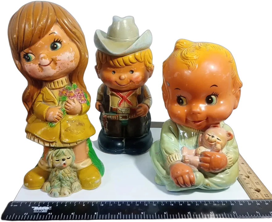 Lote 3 Alcancías Vintage Romay Vinil Niños 70s Vaqueros Agua