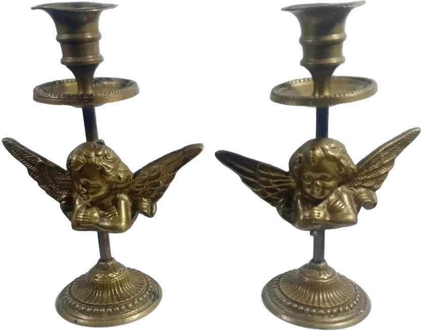 Par De Candelabros De Bronce Con Ángeles Querubines Dorado