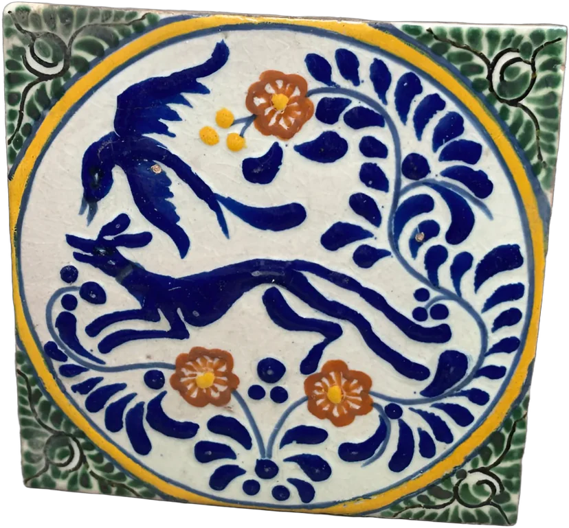 Azulejo Artesanal Talavera Ave Y Perro Antiguo Multicolor — imagen 1