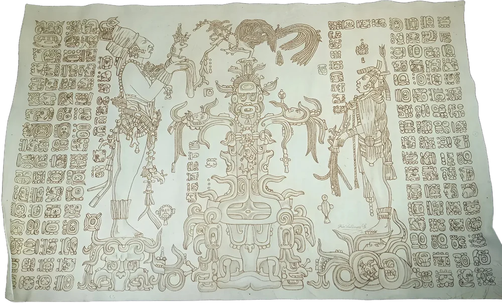 Antiguo Pirograbado Maya En Piel Palenque 85x55 Cm