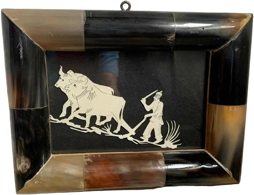 Antiguo Cuadro Campesino Chino Enmarcado En Hueso, Vintage