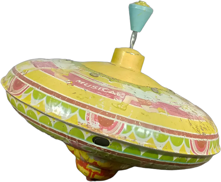 Antiguo Trompo Musical De Hojalata Decorado Con Caballos Amarillo