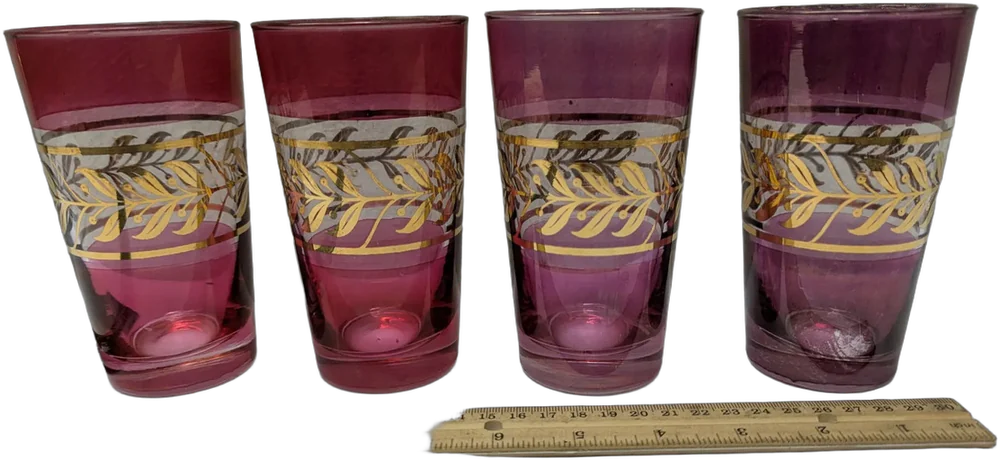 Vintage Set 4 Vasos Highball Amatista Y Oro 22k Mid Century Rosa