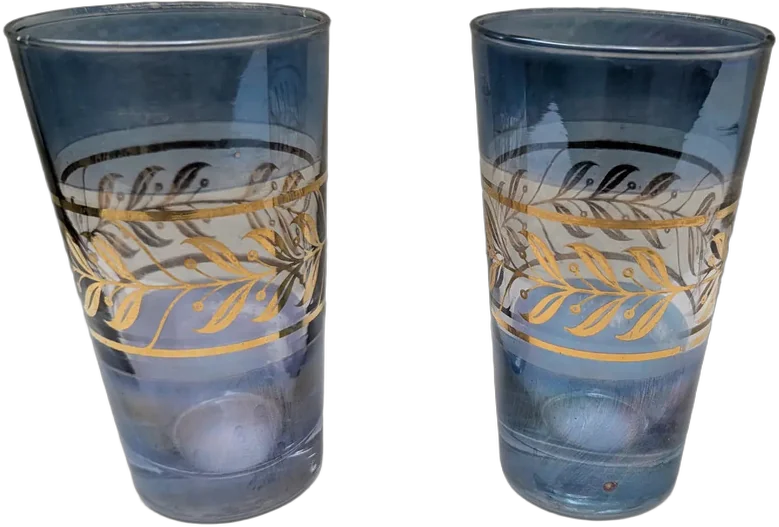 Vintage Par Vasos Vidrio Azul Iridiscente Cenefa Oro Azul Acero