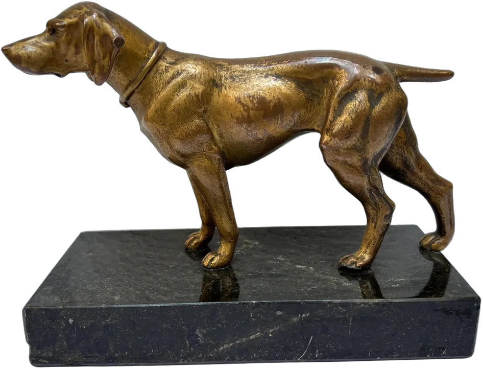 Pequeña Escultura De Bronce Perro Pointer Antigua Dorado Oscuro
