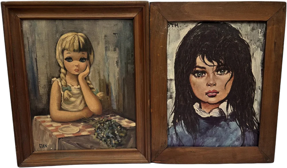 Vintage Impresiones Artísticas Niñas Ojos Grandes Por Edén Tonos Marrón Y Azul Marrón