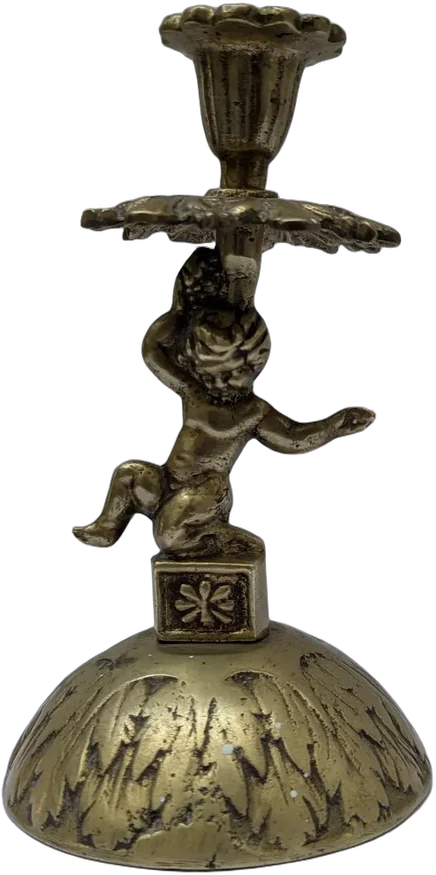 Antiguo Candelabro De Bronce Macizo Querubín Doble Rostro Dorado Oscuro