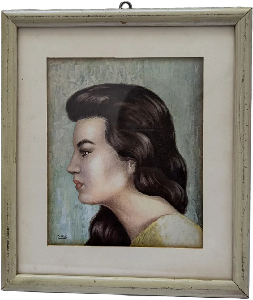 Antiguo Retrato Femenino De Perfil, Técnica Mixta, Años 40