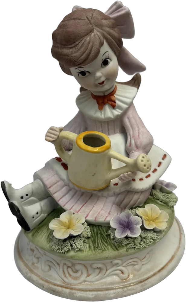 Vintage Figura Porcelana Niña Regando Cerámica Cuernavaca Multicolor