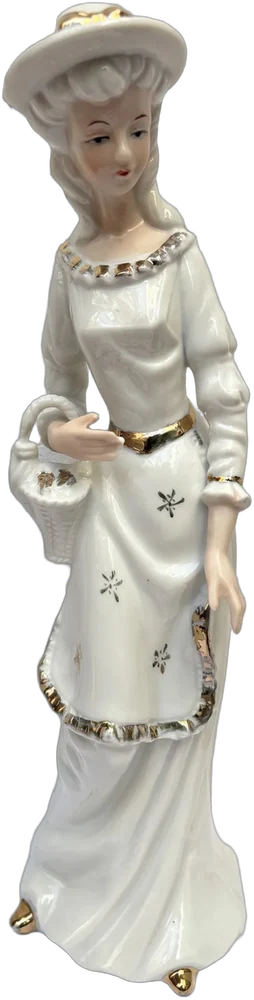 Figura Porcelana Mujer Victoriana Con Cesta Vintage Blanco