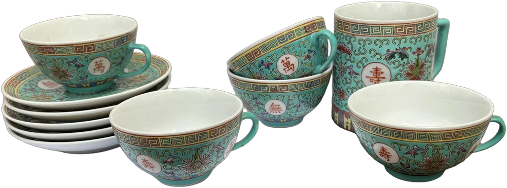 Vintage Set De Tazas De Té Porcelana Mun Shou Verde Claro Mun Shou
