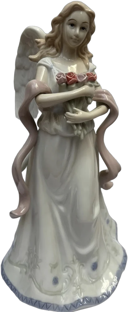 Vintage Figura De Porcelana Ángel Con Ramos De Flores Blanco/lila