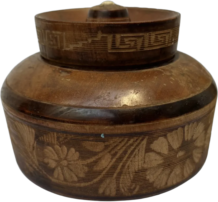 Antigua Cajita Alhajero Decorada Tallada De Madera Marrón Flores