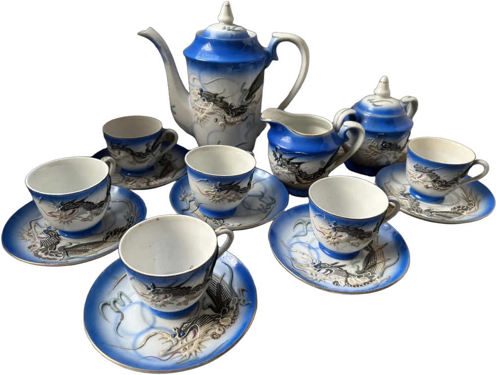 Vintage Juego De Té Japonés Porcelana Dragón Azul Azul
