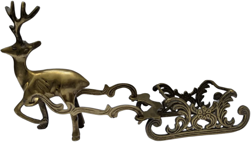 Antiguo Adorno De Reno Con Trineo En Bronce Macizo Dorado Oscuro