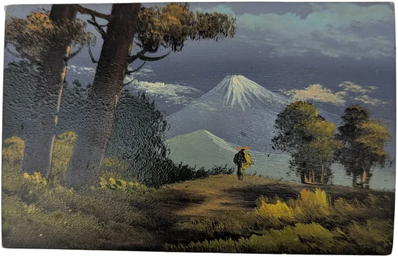 Antigua Tarjeta Postal Japonesa Pintada Al Óleo Monte Fuji